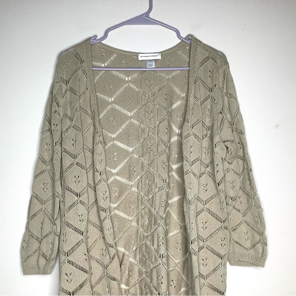 < Christopher & Banks Beige Crochet Knit Sweater Cardigan > - Picture 2 of 5